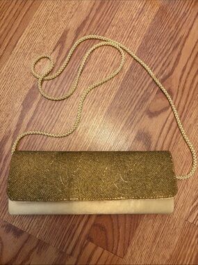 Gold Beaded Evening Clutch with cord Strap